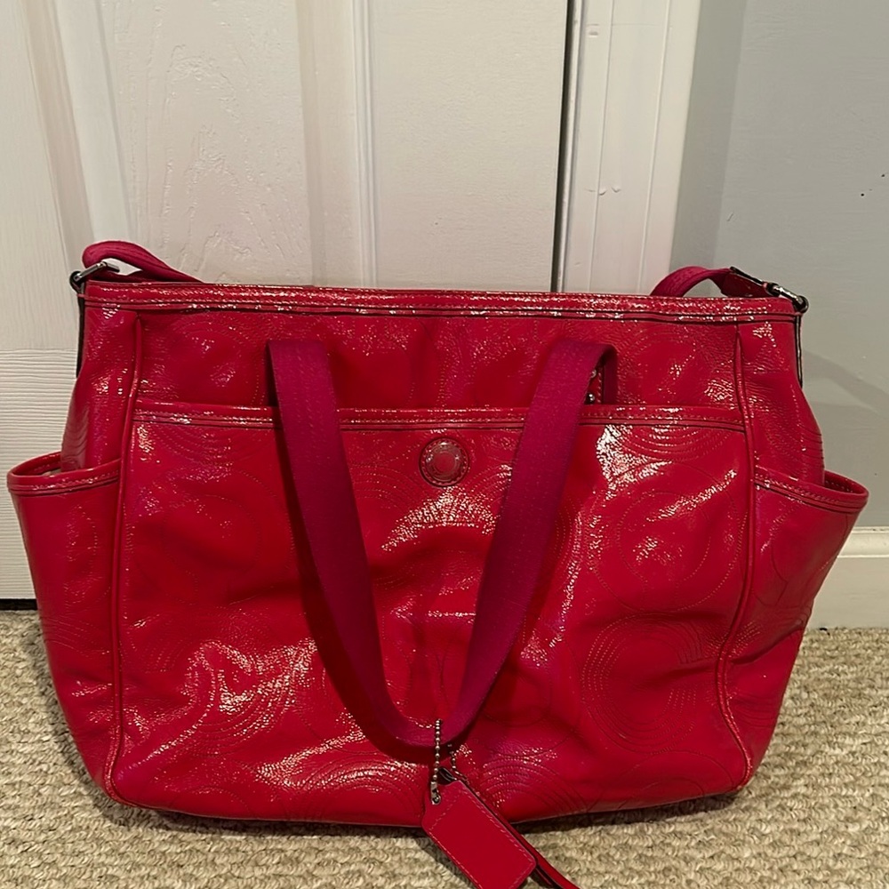 Coach Baby Diaper Pink Ruby Stitched Patent Leather Tote Crossbody  Bag 19911